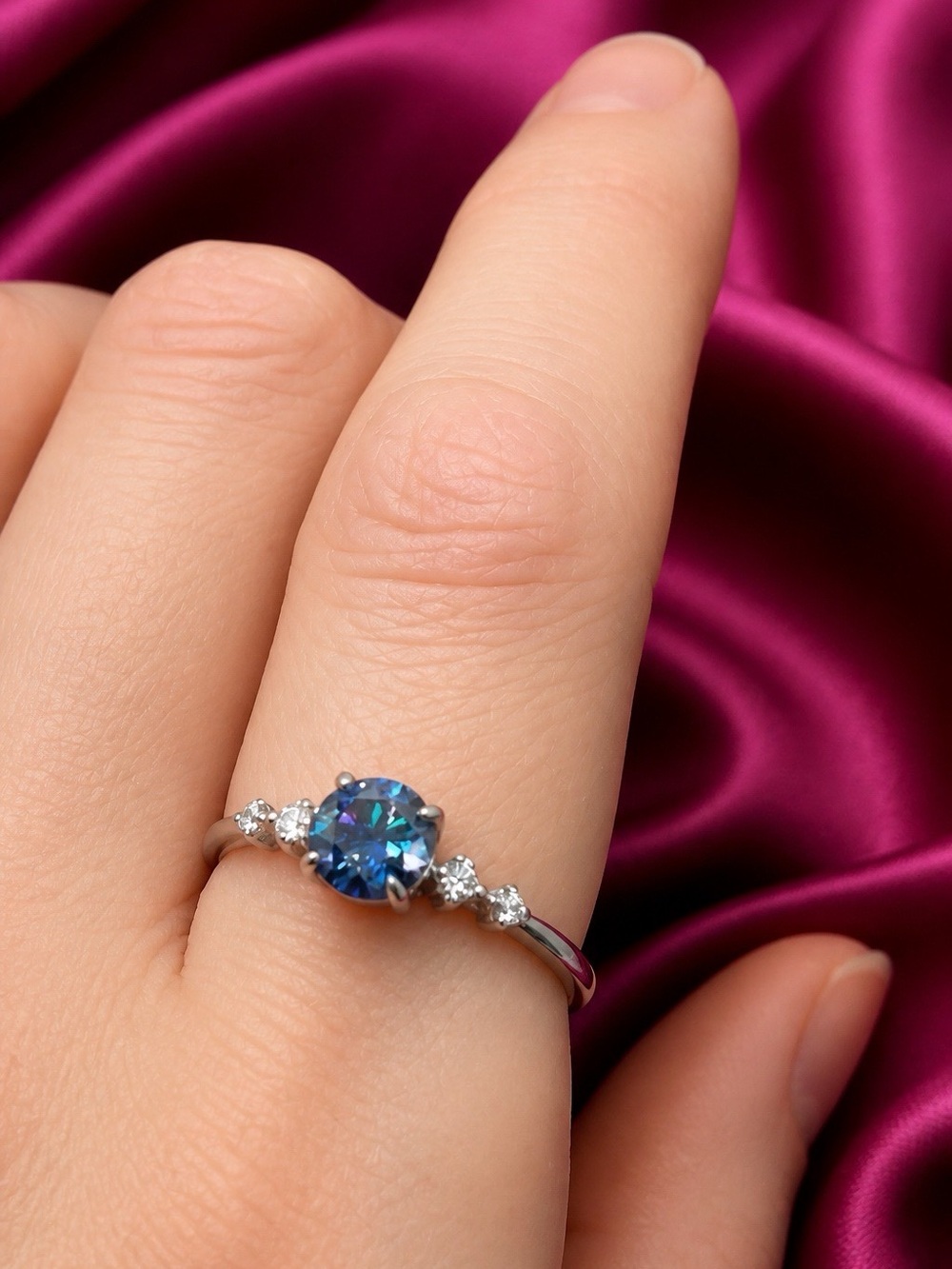 AAA Royal Blue Moissanite Solitaire, rhodium over S925, Moissanite side accents
